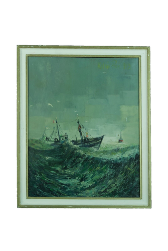 Tableau ancien impressionniste marine bateau retour au port gros temps chalutier - Photo 10/10
