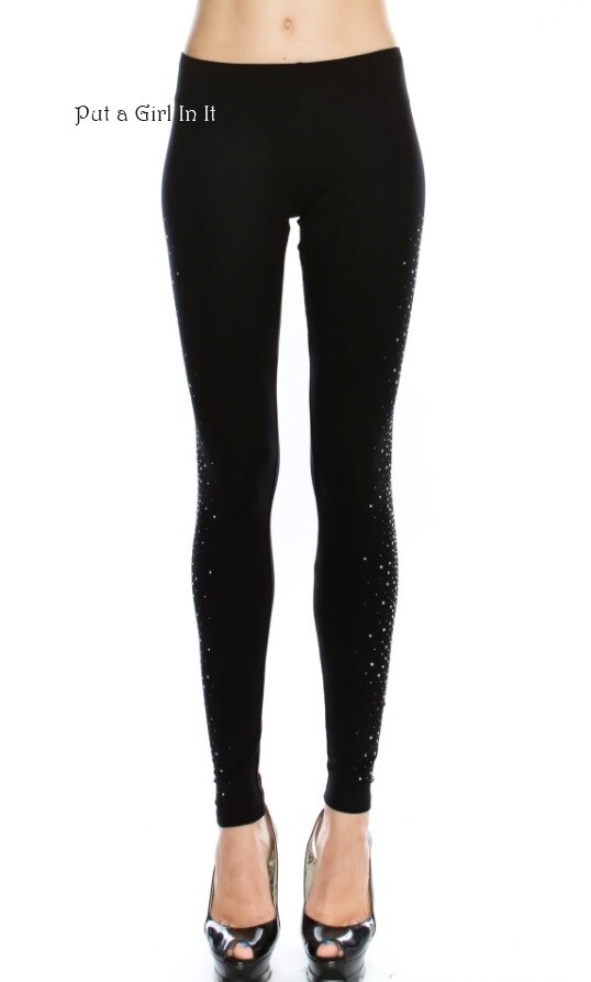 USA New VOCAL Womens CRYSTAL SOFT BLACK STRETCH BLING LEGGINGS