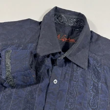Robert Graham Shirt Mens L Navy Blue Baroque Flip Cuff LS Button Up Embroidered