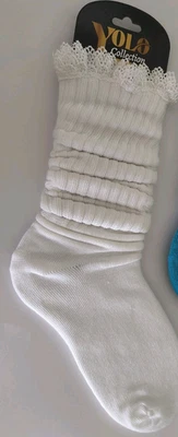 YOLO Women's SLOUCH/BOOT SOCKS 2 Pk Cotton Blend Warm White w/Lace NWT - Image 1 of 3