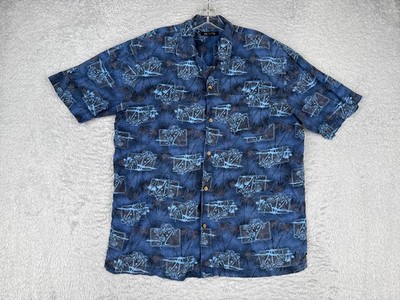 George Shirt Men Medium Blue Floral Palm Hula Luau Hawaiian 100% Rayon Pocket