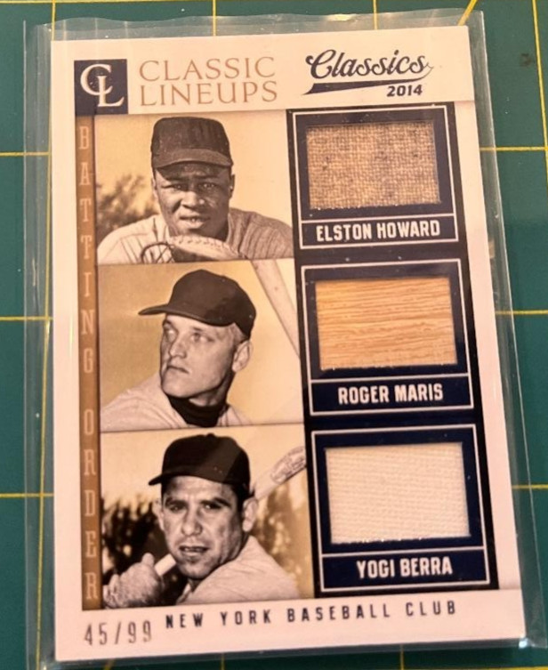 2014 PANINI CLASSICS ELSTON HOWARD-ROGER MARIS-YOGI BERRA TRIPLE GAME USED 45/99
