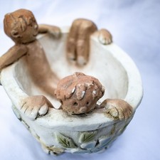 1974 Vintage French Garden Children Handcraft Cherub Flower Centerpiece Bowl