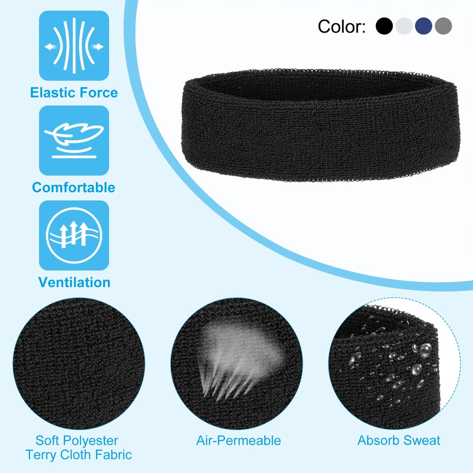 12 Pcs Sweatband Headbands Terry Cloth for Sports Black/Blue/Gray/White - Image 3 of 4