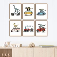 Dinosaurs Cars Truck Vehicles Wall Art Boys Room D cor 6 Set Prints