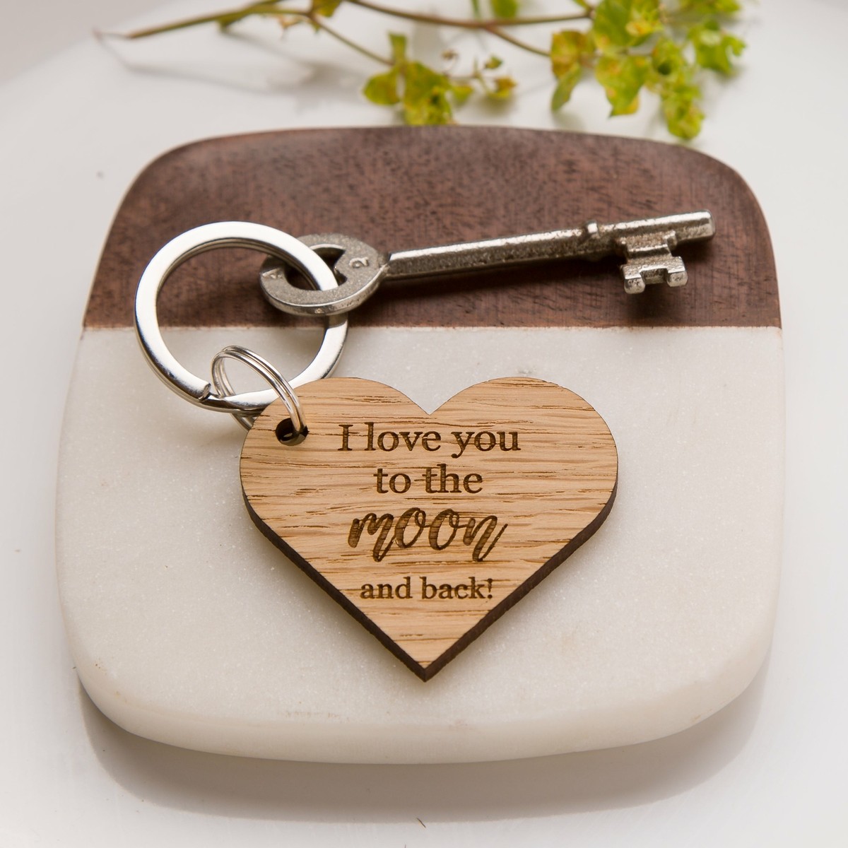 I love you to the moon and back' Wooden Oak Heart Keyring