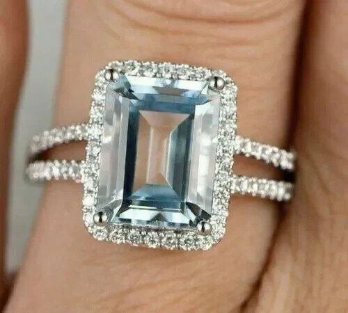 6 kt Smaragdschliff Laborgefertigter Aquamarin und CZ Halo Ring mit geteiltem Schaft 925 Silber - Bild 2 von 8