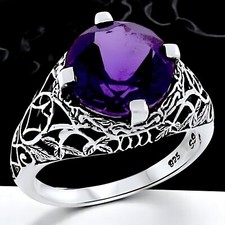 925 STERLING SILVER ANTIQUE STYLE 3 CARAT LAB AMETHYST FILIGREE RING  155