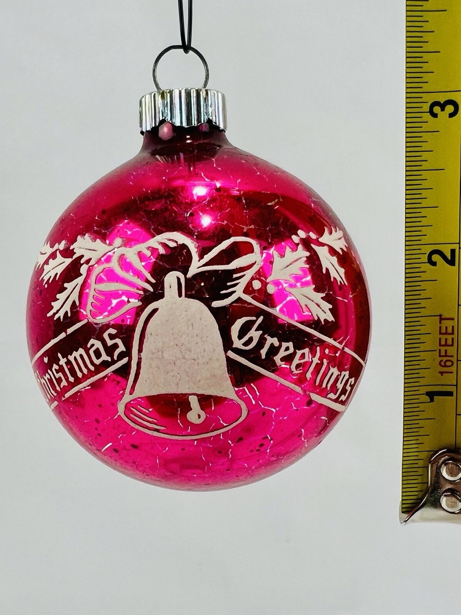 Vintage Shiny Brite Pink Christmas Greetings Bell Holly Stencil