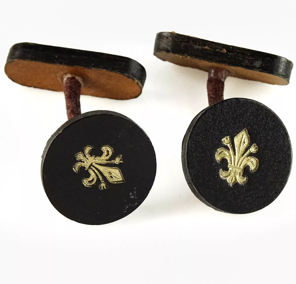 Fleur de Lys and Floral Leather Cufflinks Double Sided Vintage