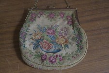 ANTIQUE FRANCE EUROPEAN PETIT POINT PURSE ROSE ENAMEL FRAME 7" X 7" HANDMADE