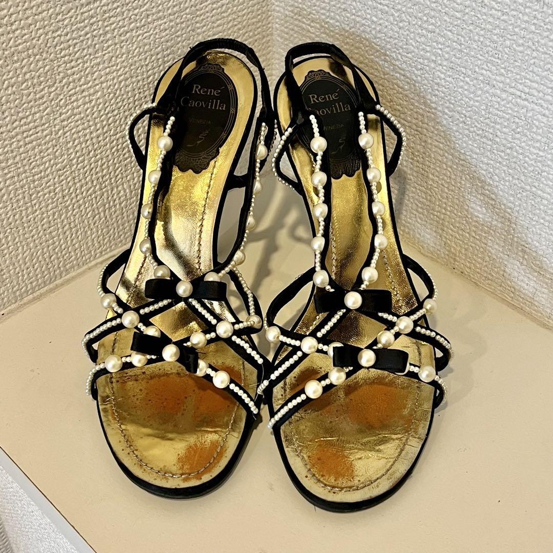 Rene Caovilla pearl ribbon strap sandals in black Y2K size37 US7