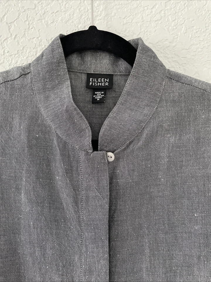 Túnica Eileen Fisher feminina de linho botão superior frontal cinza mangas compridas tamanho M - Imagem 3 de 4