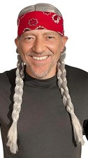 Willie Braided Long Silvery Pigtail Wig Red Bandana Adult Cowboy Costume