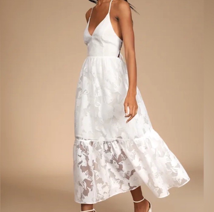 Lulus White Floral Lace Tie Back Midi Dress Size Medium