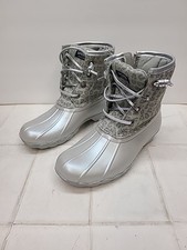 Sperry Saltwater Duck Boots Girls Size 1 Youth Silver Gray Zip Leopard Print