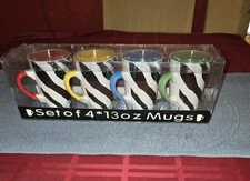 Simple Dining Set of 4 Primary Colors Zebra Print Mugs 13oz Never OPENED NEW BOX