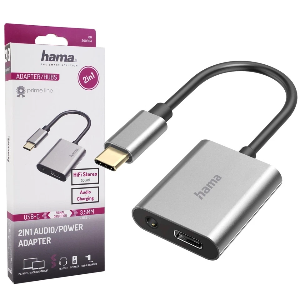Hama HQ Audio-Adapter USB-C zu 3,5mm Klinke AUX  für Headset Kopfhörer Ladekabel