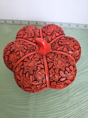 Vintage-Pumpkin Shape Carved Resin Laquer Cinnabar Trinket Box Fall Decor
