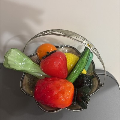 Glass Fruits Vegetables 8 Hand Blown Silver Plate Basket Handle Centerpiece Vtg