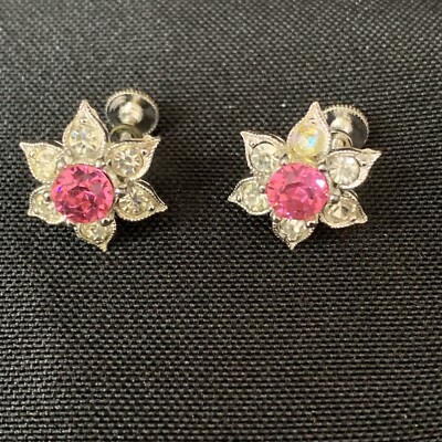 Vintage Bogoff Pink and White Crystal Screw On Earrings