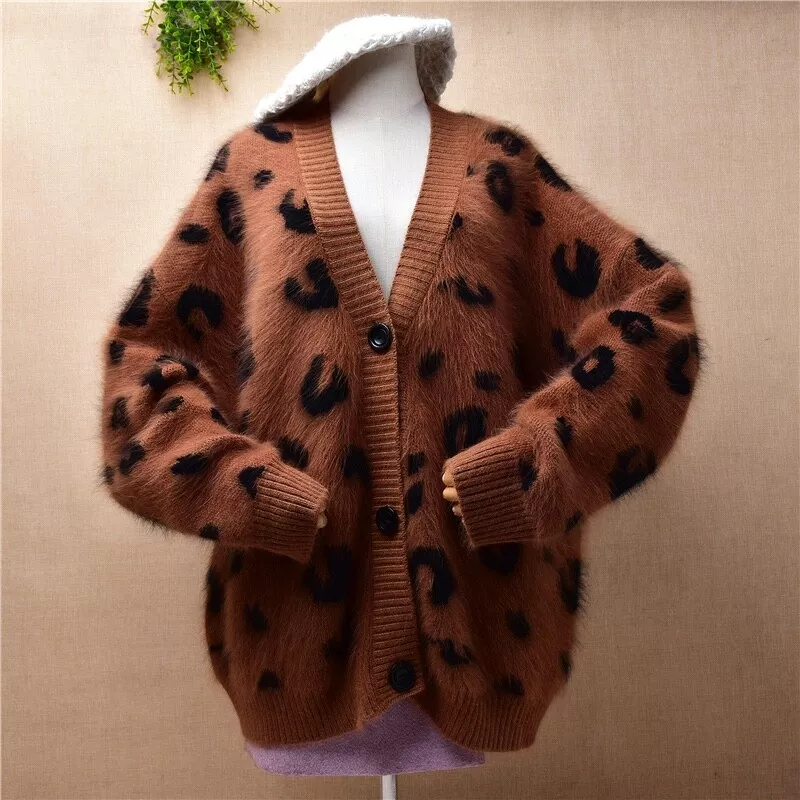 Mink cashmere mohair angora knit brown leopard Animal sweater