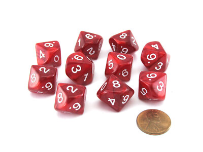 Pack of 10 D10 16mm Koplow Games Pearl Dice - Red