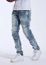 Crysp Denim Men's Biker Moto Distressed Rip & Repair Skinny Fit Stretch Jeans