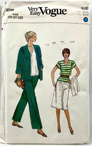 1990s Vogue Sewing Pattern 8235 Womens Jacket Top Pants Skirt Size 18-22 12070
