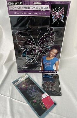 3 Fashion Art Rhinestone Iron On Transfers 2 Butterflies(1Lg/1Sm)+Flowers 