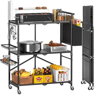 Foldable Outdoor Grill Cart with 3-Tier, Grill Table with 2 Locking Casters, ...