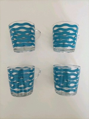 Ikea Satsning Glas Tassen Tassen mit Griffen blau Wellendetail 4er Set sehr guter Zustand