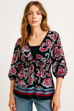 Style & Co Boho Print Blouse Top Size M V-Neck 3/4 Sleeve Empire Waist