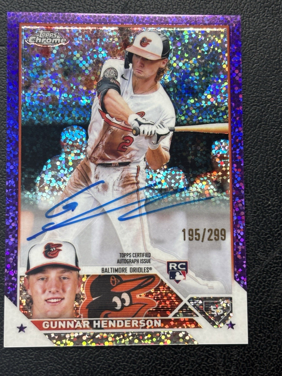 Gunnar Henderson 2023 Topps Chrome Purple Speckle Auto /299 Rookie Card