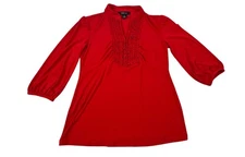 Style & Co. Ruby Red Festive Boho Chic Gathered V Neck Blouse. Women's - Size S