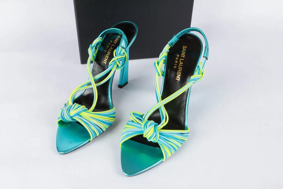 Nuevo Saint Laurent Tacones Cerúleos Stiletto Correa en el Tobillo Punta Caja Bolsa para el Polvo Foto 2 de 4