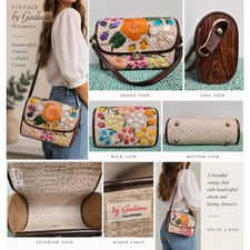 Vintage Cabana 1960s Raffia Wood Floral Embroidered Shoulder Bag Philippines
