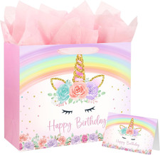 13" Unicorn Birthday Gift Bag with Greeting Card and Tissue Paper for Baby Girls