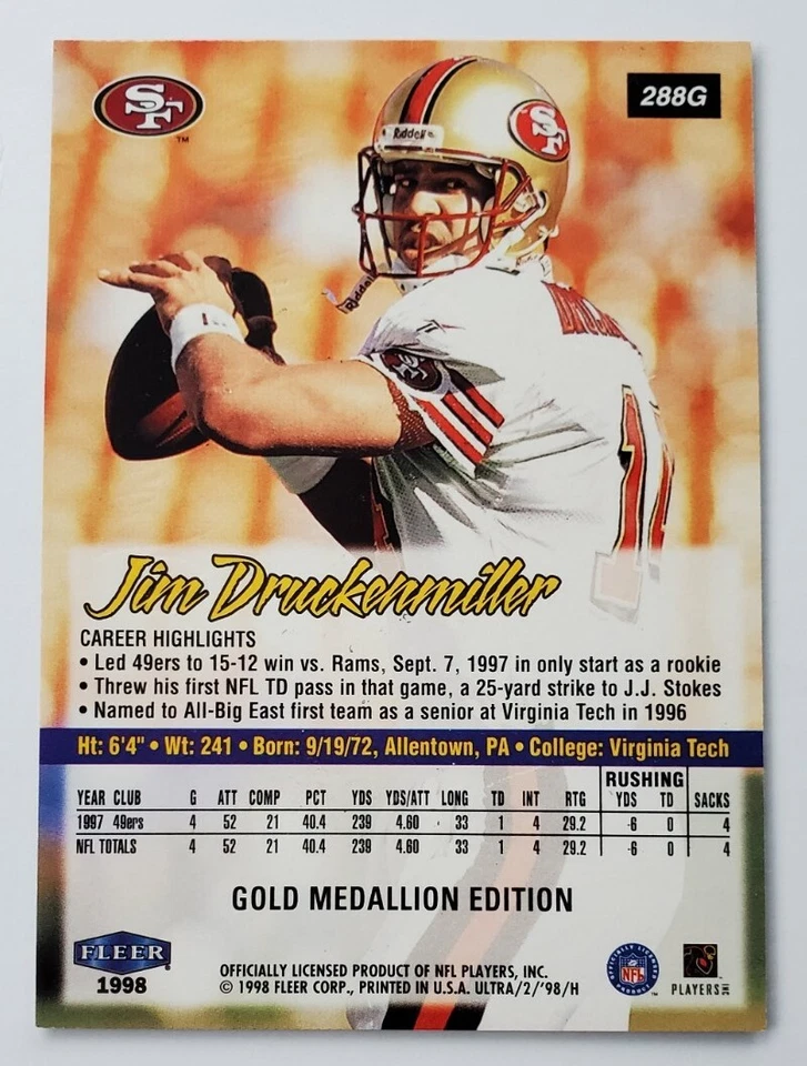 1998 Fleer Ultra Jim Druckenmiller San Francisco 49ers Gold Medallion #288G - Image 2 of 2