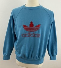 Vintage 80s ADIDAS Spell Out Trefoil Sweatshirt Men's Turquoise Blue Red FLAW