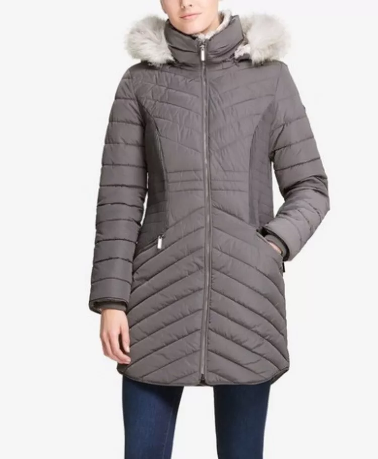 Genuine DKNY Womens Grey Fur Shell Hooded Puffer Coat Jacket 275 Size M BNWT