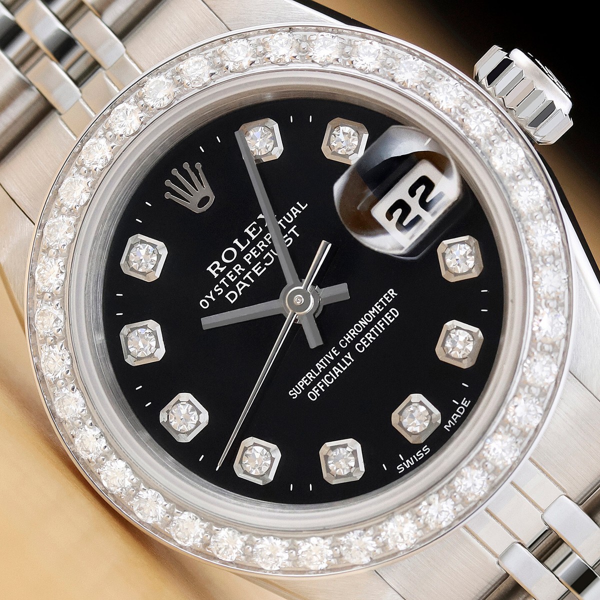 ROLEX LADIES DATEJUST 69174 BLACK DIAL 18K GOLD SS DIAMOND 