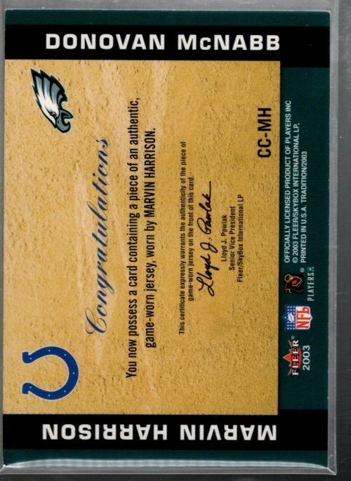 B1690- 2003 Fleer Classic Combo Memorabilia #23 Marvin Harrison /McNabb Jersey - Image 2 of 2