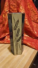 O'Keane Handmade Art Pottery Blue/Beige Wheat Hexagon Vase 8 1/2” Tall