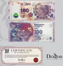 Argentina 100 PESOS Eva Peron Evita (2012-2016) Series CA 1 Banknote COA 🐉