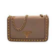 Prada Pattina Glace Calf Leather Cammeo Beige Gold Studded Bag NEW