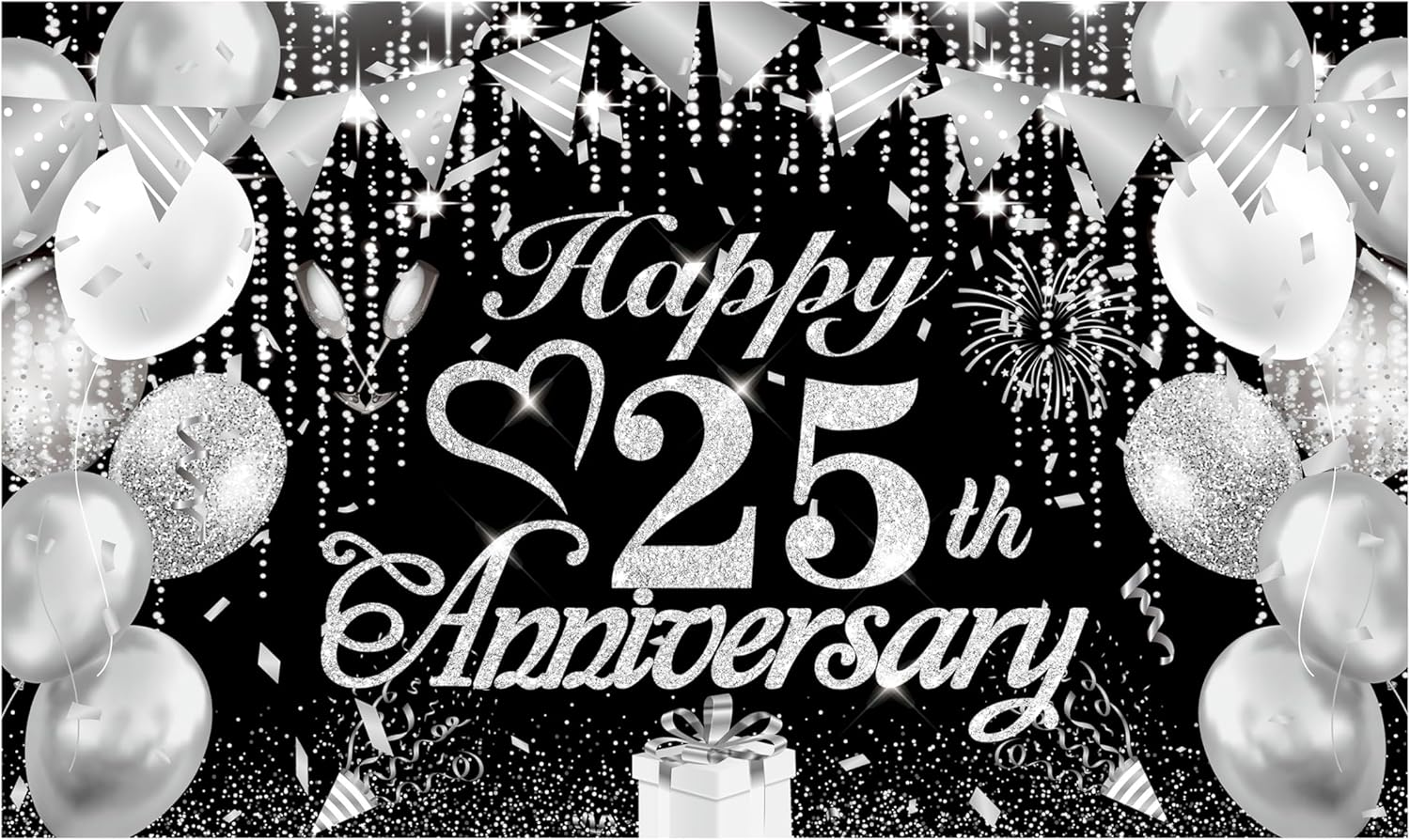 Black & Silver 25th Wedding Anniversary Decorations Banner Happy 25 Years