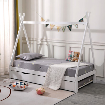 HARRY KIDS WOODEN TEEPEE TENT SINGLE BED FRAME - WHITE / GREY - TRUNDLE ...