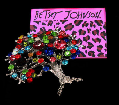 Betsey Johnson Silver Tree Rainbow Crystal Leaf Brooch Pin Charm Free Gift Bag
