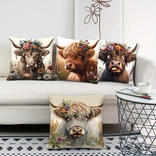 Highland Cow and Wildflower Patterned Decorative Pillow Covers Sofa Decoration